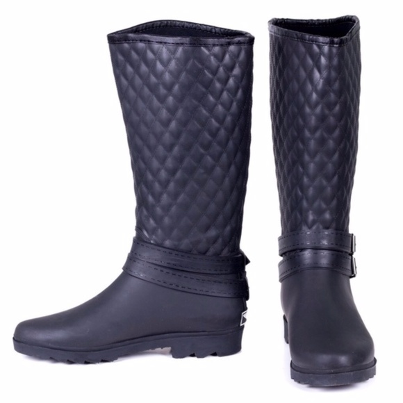 Women Rainboots, Black Quilted Rider Rubber Rain Boots, NEW - Picture 2 of 4